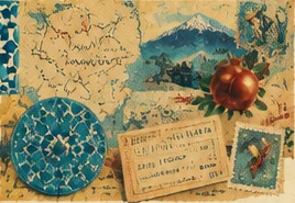A Persian travel collage of Neyshabour, calligraphy, tiles, and a vintage postcard